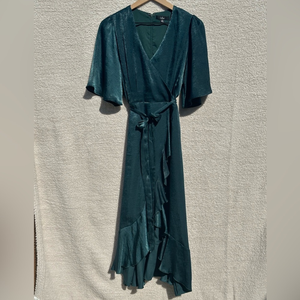 Lulus Wrapped Up In Love Dark Green Satin Faux Wrap Midi Dress M - Picture 2 of 10
